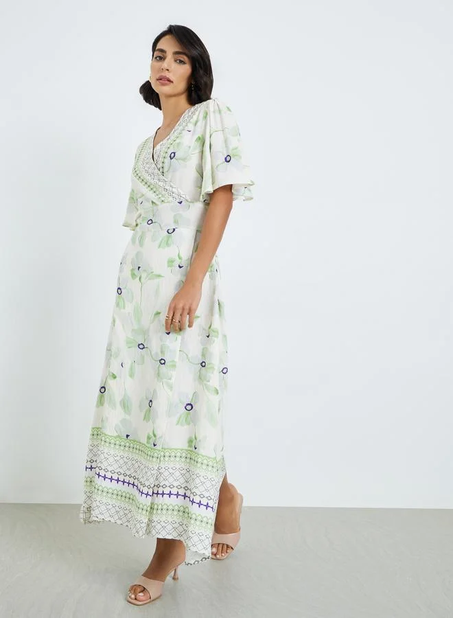Styli Women Green Floral Print Puff Sleeves Maxi Dress